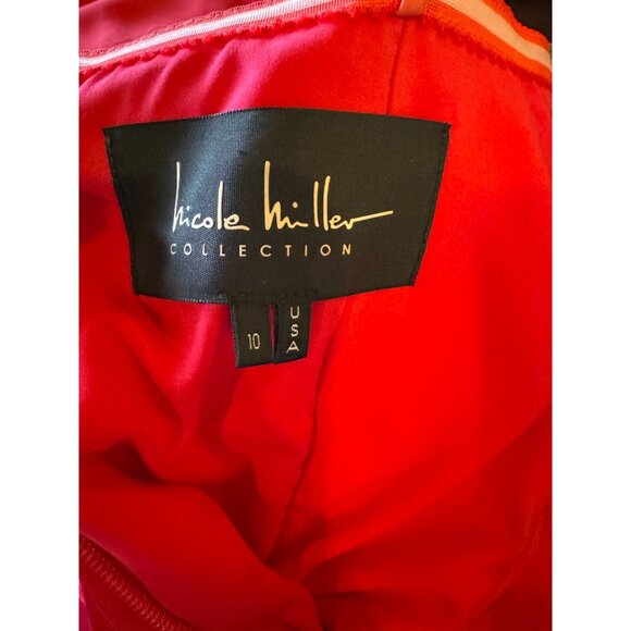 Nicole Miller Dress Women 10 Red Crepe Off Shoulder Pleated Sleeve Ruched Gown - Picture 8 of 13